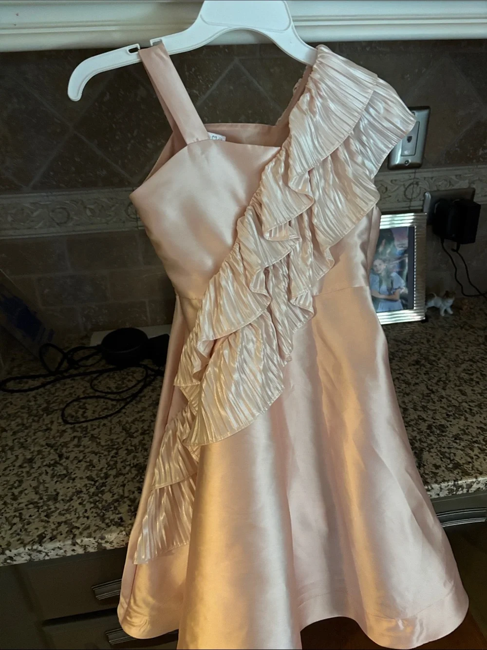 Bonnie Jean Light Pink Satin One-Shoulder Ruffle Dress